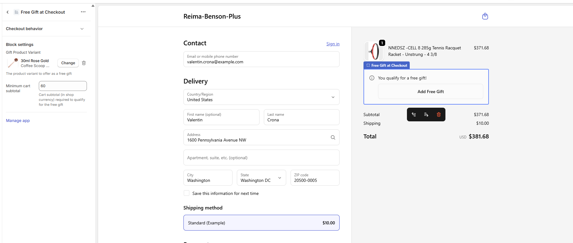 Shopify checkout editor showing the Free Gift at Checkout extension block settings, gift variant selector, threshold amount, and live preview of the gift banner in checkout