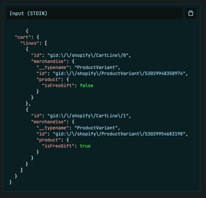 Discount Function input log showing two cart lines, the main product with isFreeGift false and the gift product with isFreeGift true